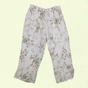 Match Point USA Pant Womens M 100% Linen Wide Leg‎ Elastic Waistband Floral